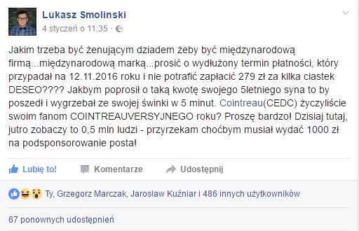windykacja na facebooku post Łukasza Smolińskiego